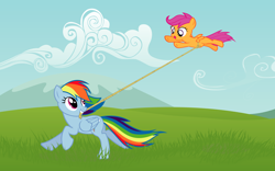 Size: 2560x1600 | Tagged: safe, artist:capt-nemo, character:rainbow dash, character:scootaloo, flying, rope, scootaloo can fly, scootalove, scscootakite