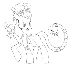 Size: 650x595 | Tagged: safe, artist:voodoo-tiki, oc, species:pony, black and white, clothing, female, gorgon, grayscale, greek clothing, mare, medusa, monochrome, ponified, simple background, snake, snake for a tail, solo, tail, white background