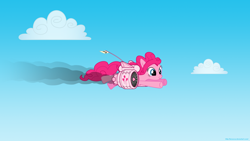 Size: 1920x1080 | Tagged: safe, artist:larsurus, character:pinkie pie, cloud, cloudy, female, flying, jet, jetpack, sky, smiling, solo