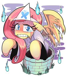 Size: 1750x2000 | Tagged: safe, artist:gashi-gashi, character:fluttershy, species:pegasus, species:pony, crying, female, floppy ears, ghost, gritted teeth, looking at you, mare, okiku, sadako, solo, spread wings, teary eyes, the ring, three quarter view, triangular headpiece, wavy mouth, well, wings