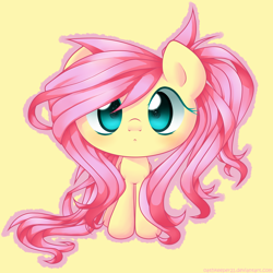 Size: 2700x2700 | Tagged: safe, artist:oathkeeper21, character:fluttershy, species:pegasus, species:pony, female, looking at you, messy mane, simple background, solo, starry eyes, wingding eyes, yellow background
