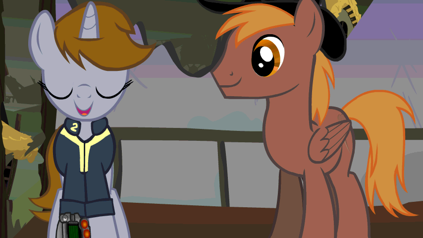 Size: 854x480 | Tagged: safe, artist:teschke, oc, oc only, oc:calamity, oc:littlepip, species:pegasus, species:pony, species:unicorn, fallout equestria, animated, clothing, fallout, fanfic, fanfic art, female, gif, hat, horn, male, mare, pipbuck, stallion, vault suit, wings