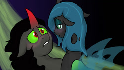 Size: 1366x768 | Tagged: safe, artist:riquis101, character:king sombra, character:queen chrysalis, ship:chrysombra, blushing, female, male, shipping, straight