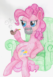 Size: 2244x3278 | Tagged: safe, artist:invidlord, character:pinkie pie, beard, facial hair, female, sitting, solo
