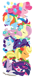 Size: 1100x2501 | Tagged: safe, artist:raygirl, character:applejack, character:fluttershy, character:pinkie pie, character:rainbow dash, character:rarity, character:twilight sparkle, species:earth pony, species:pegasus, species:pony, species:unicorn, apple, book, candy, eyes closed, female, flower, flower in hair, food, horn, lineless, mane six, mare, quill, simple background, spread wings, stars, totem, transparent background, wings