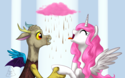 Size: 1480x932 | Tagged: safe, artist:cat-cly, artist:melancholysanctuary, character:discord, character:princess celestia, ship:dislestia, female, male, shipping, straight