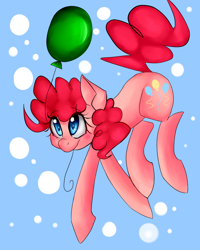 Size: 800x1000 | Tagged: safe, artist:pyupew, character:pinkie pie, species:pony, balloon, blue background, blushing, cute, diapinkes, female, mare, mouth hold, simple background, solo