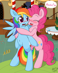 Size: 795x1000 | Tagged: safe, artist:average-hanzo, character:pinkie pie, character:rainbow dash, species:pony, ship:pinkiedash, belly button, bipedal, blushing, bubble, chest fluff, drunk, drunkie pie, eyes closed, female, happy, heart, hug from behind, lesbian, shipping, surprised