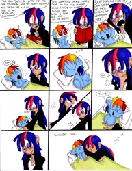 Size: 1700x2200 | Tagged: safe, artist:storypony, character:rainbow dash, character:twilight sparkle, babysitting, bed, book, comic, cute, filly, humanized, reading, sleeping, yawn, zzz
