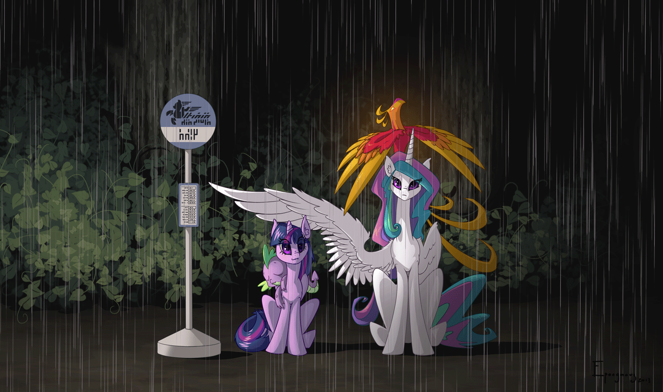 Size: 1356x803 | Tagged: dead source, safe, artist:jackjacko-eponymous, character:philomena, character:princess celestia, character:spike, character:twilight sparkle, character:twilight sparkle (unicorn), species:alicorn, species:dragon, species:pony, species:unicorn, animated, eyes closed, female, fluffy, frown, looking at you, looking up, male, mare, missing accessory, my neighbor totoro, parody, rain, sitting, sleeping, smiling, spread wings, unamused, wing umbrella, wings