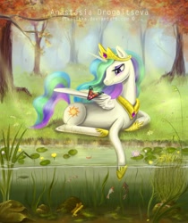 Size: 1762x2100 | Tagged: safe, artist:stasushka, character:princess celestia, species:alicorn, species:pony, butterfly, female, fish, solo, water