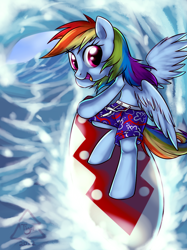Size: 1024x1368 | Tagged: safe, artist:cat-cly, character:rainbow dash, species:pony, bipedal, clothing, female, mare, solo, surfboard, surfing, swimming trunks, swimsuit, topless