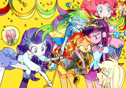 Size: 800x561 | Tagged: safe, artist:memoneo, character:applejack, character:fluttershy, character:pinkie pie, character:rainbow dash, character:rarity, character:sunset shimmer, character:twilight sparkle, my little pony:equestria girls, anime, blushing, humane seven, humane six, mane six, pixiv, sweat, sweatdrop