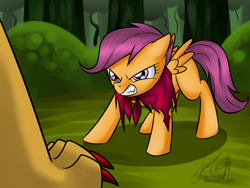 Size: 1024x768 | Tagged: safe, artist:cat-cly, character:scootaloo, angry, badass, badass adorable, cute, manny roar, manticore