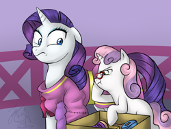 Size: 1024x768 | Tagged: dead source, safe, artist:cat-cly, character:rarity, character:sweetie belle, glasses, sisters
