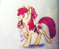 Size: 500x415 | Tagged: safe, artist:egriz, character:apple bloom, belt, clothing, female, hammer, hat, mouth hold, older, solo, toolbox, traditional art, wrench
