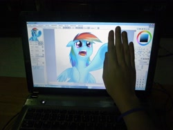 Size: 3648x2736 | Tagged: safe, artist:cat-cly, character:rainbow dash, computer, fourth wall, hand, high res, sad