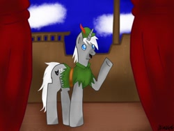 Size: 1024x768 | Tagged: safe, artist:asinglepetal, oc, oc only, oc:charade, species:pony, species:unicorn, actor, peter pan, solo, stage, theater