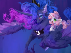 Size: 1343x1000 | Tagged: safe, artist:makkah-chan, character:princess luna, character:sweetie belle, species:alicorn, species:pony, species:unicorn, g4, chest fluff, cute, diasweetes, duo, ear fluff, female, filly, fluffy, gradient background, mare, open mouth, open smile, smiling, unshorn fetlocks, young