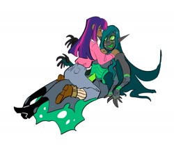 Size: 1546x1298 | Tagged: safe, artist:stevetwisp, character:queen chrysalis, character:twilight sparkle, ship:twisalis, g4, blushing, clothing, humanized, shipping, sweat