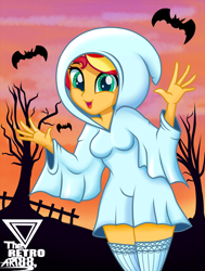 Size: 2400x3168 | Tagged: safe, artist:theretroart88, character:sunset shimmer, species:eqg human, species:human, g4, my little pony:equestria girls, bats, costume, ghost, halloween, looking at you, solo, spooky