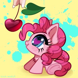 Size: 3000x3000 | Tagged: safe, artist:rrd-artist, character:pinkie pie, species:earth pony, species:pony, g4, cherry, chibi, cute, looking up, sitting, solo, tiny