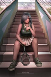 Size: 1280x1920 | Tagged: safe, artist:rosinyam, character:marble pie, species:human, g4, clothing, cutie mark, cutie mark on clothes, humanized, looking at you, shoes, sitting, skirt, sleeveless, sleeveless sweater, sneakers, solo, stairs, sweater, tennis clothes, tennis racket