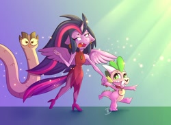 Size: 1280x931 | Tagged: safe, artist:mdragonflame, character:owlowiscious, character:spike, character:twilight sparkle, species:alicorn, species:anthro, species:dragon, species:pony, g4, abstract background, annoyed, crossover, eda clawthorne, eda the owl lady, edalyn clawthorne, hooty, king (the owl house), the owl house