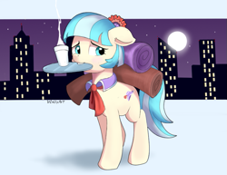 Size: 871x671 | Tagged: safe, artist:vinilyart, character:coco pommel, species:earth pony, species:pony, g4, city, city skyline, cityscape, cocobetes, coffee, cute, female, floppy ears, mare, mouth hold, solo