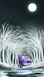 Size: 1000x1750 | Tagged: safe, artist:ifthemainecoon, character:princess luna, female, forest, glow, moon, night, partial color, solo, windswept mane
