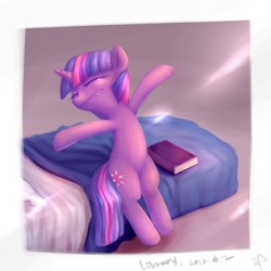 Size: 2000x2000 | Tagged: safe, artist:ifthemainecoon, character:twilight sparkle, bed, female, morning ponies, solo, stretching