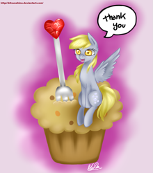 Size: 879x1000 | Tagged: safe, artist:kitsunehino, character:derpy hooves, species:pegasus, species:pony, female, mare, muffin, solo