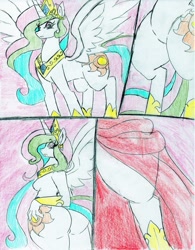 Size: 1024x1316 | Tagged: safe, artist:da-fuze, character:princess celestia, species:anthro, ass, color, comic, pony to anthro, transformation