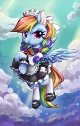 Size: 2250x3507 | Tagged: safe, artist:akamei, character:rainbow dash, alternate hairstyle, blushing, braid, braided pigtails, clothing, cloud, crossed hooves, cute, dashabetes, dressup, female, flying, maid, mary janes, pixiv, rainbow dash always dresses in style, scrunchy face, sky, solo