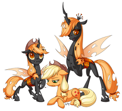 Size: 1230x1120 | Tagged: safe, artist:heilos, character:applejack, species:changeling, fanfic:changelings of harmony, fanfic:six queens, fanfic:the advent of applejack, applejack's hat, changeling queen, changelingified, clothing, cover art, cowboy hat, fanfic art, fanfic cover, hat, orange changeling, queen applejack, simple background, species swap, stetson, white background