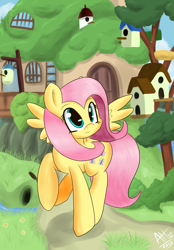 Size: 975x1400 | Tagged: safe, artist:average-hanzo, character:fluttershy, species:pegasus, species:pony, female, fluttershy's cottage, mare, raised hoof, raised leg, signature, smiling, solo, spread wings, wings