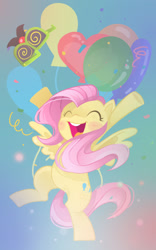 Size: 900x1444 | Tagged: safe, artist:parfywarfy, character:fluttershy, species:pegasus, species:pony, balloon, confetti, cute, eyes closed, female, groucho mask, happy, heart balloon, jumping, mare, shyabetes, solo, swapped cutie marks