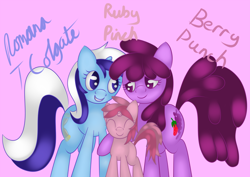 Size: 2116x1500 | Tagged: safe, artist:goldenmercurydragon, character:berry punch, character:berryshine, character:minuette, character:ruby pinch, parent:berry punch, parent:minuette, parents:berrygate, ship:berrette, eyes closed, family, female, lesbian, magical lesbian spawn, offspring, romana, shipping, trio