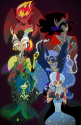 Size: 2200x3400 | Tagged: safe, artist:littlemissvi, character:discord, character:king sombra, character:nightmare moon, character:princess luna, character:queen chrysalis, character:sunset satan, character:sunset shimmer, character:trixie, species:human, g4, my little pony:equestria girls, antagonist, demon, humanized, sunset satan