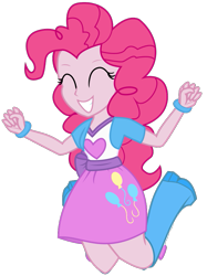 Size: 667x890 | Tagged: safe, artist:n0m1, character:pinkie pie, my little pony:equestria girls, balloon, boots, bracelet, clothing, female, high heel boots, jewelry, jumping, simple background, skirt, solo, transparent background, vector