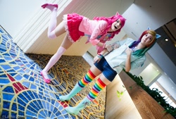Size: 900x608 | Tagged: safe, artist:chibikat, artist:xsoulxxxreaperx, character:pinkie pie, character:rainbow dash, species:human, clothing, cosplay, irl, irl human, photo, rainbow socks, socks, striped socks, thigh highs