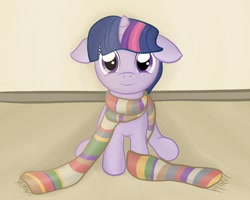 Size: 1280x1024 | Tagged: safe, artist:captainbritish, character:twilight sparkle, species:pony, species:unicorn, clothing, cute, doctor who, female, filly, filly twilight sparkle, floppy ears, fourth doctor, fourth doctor's scarf, long scarf, looking at you, scarf, sitting, smiling, solo, twiabetes, younger