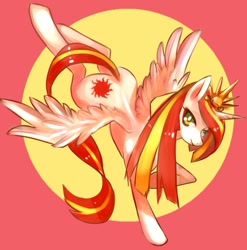Size: 1181x1195 | Tagged: safe, artist:tc, oc, oc only, oc:poniko, species:alicorn, species:pony, alicorn oc, flying, looking at you, pixiv, princess rising sun, simple background, solo
