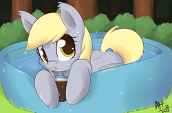 Size: 1425x936 | Tagged: safe, artist:average-hanzo, character:derpy hooves, species:pegasus, species:pony, bush, drink, drinking, ear fluff, female, grass, hoof hold, looking at you, mare, outdoors, signature, solo, straw, swimming pool, tree, water, wet