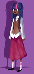 Size: 300x650 | Tagged: safe, artist:tearzah, character:twilight sparkle, species:human, clothing, dark skin, female, humanized, long skirt, looking at you, purple background, shoes, simple background, skirt, socks, solo, sweater vest