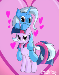 Size: 500x635 | Tagged: safe, artist:tivy, character:trixie, character:twilight sparkle, ship:twixie, female, heart, intertwined tails, lesbian, ponies riding ponies, shipping