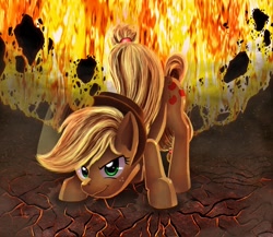 Size: 1334x1160 | Tagged: safe, artist:ifthemainecoon, character:applejack, action pose, face down ass up, female, fire, glare, lava, looking at you, smiling, solo, windswept mane