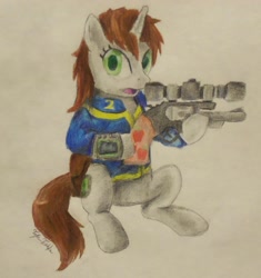Size: 866x923 | Tagged: safe, artist:teschke, oc, oc only, oc:littlepip, species:pony, species:unicorn, fallout equestria, clothing, cutie mark, fanfic, fanfic art, female, gun, handgun, hooves, horn, little macintosh, mare, open mouth, optical sight, pipbuck, revolver, simple background, sitting, solo, vault suit, weapon, white background