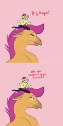 Size: 1000x2001 | Tagged: dead source, safe, artist:nessia, character:apple bloom, character:scootaloo, species:dragon, ask, comic, dragon bloom, dragoness, dragonified, duo, female, older, older scootaloo, pink background, scootadragon, simple background, sitting on head, species swap, this apple bloom, tumblr