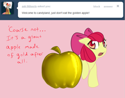 Size: 641x502 | Tagged: safe, artist:nessia, character:apple bloom, apple, apple of discord, ask, golden apple, this apple bloom, tumblr